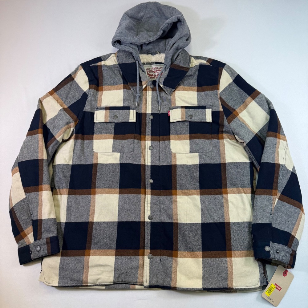 Levis Shirt Jacket Mens XXL Multi Plaid Sherpa Lined Hooded Flannel Shacket NEW